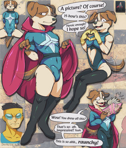 anthro bulge cape clothing comic_book detailed_bulge duo erection erection_under_clothing gesture hat headgear headwear heart_gesture male multiple_poses nervous pose solo_focus speech_bubble superhero tail tail_motion tailwag text salamikii image_comics invincible_(image_comics) mark_grayson seance_dog_(invincible) canid canine canis domestic_dog human mammal absurd_res english_text hi_res