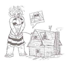 anthro bodily_fluids breasts building clothing clothing_around_legs female furniture genital_fluids hair horn house macro messy_hair pattern_clothing peeing peeing_inside peeing_on_furniture property_damage simple_background solo standing_pee striped_clothing stripes urine vandalism watersports woodhouse3d humanoid nephilim hi_res monochrome
