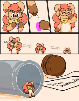 ambiguous_gender anthro brown_body brown_fur directional_arrow drinking_potion eyewear fur glasses head_tuft micro orange_body orange_fur red_body red_fur round_ears shrinking simple_background size_transformation solo text transformation tuft white_body white_fur yellow_bandana pawcake cooki_(pawcake) canid canine fox mammal absurd_res aliasing binary_drawing cel_shading colored comic digital_drawing_(artwork) digital_media_(artwork) english_text flat_colors hi_res multiple_scenes sequence shaded