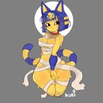 :< anthro blue_hair blush bob_cut bottomless breasts cleavage clothed clothing covering covering_crotch egyptian egyptian_clothing female grey_background hair looking_aside markings medium_breasts short_hair simple_background solo striped_markings striped_tail stripes tail tail_markings thick_thighs uraeus usekh wide_hips wraps namistardude animal_crossing nintendo ankha_(animal_crossing) felid mammal 1:1 2024