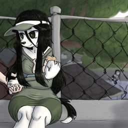 5_fingers anthro bare_shoulders black_body black_eyebrows black_fur black_hair black_nose blonde_hair blurred_background bottomwear breasts chest_tuft clothing day detailed_background dipstick_tail eyebrows eyelashes eyes_closed female fence fingers fur glowing glowing_eyes green_eyes group hair hand_holding hat headgear headwear human_on_anthro interspecies long_hair looking_at_another male male/female markings multicolored_body multicolored_fur neonate outside plant shirt sitting skirt smile tail tail_markings topwear tree tuft two_tone_body two_tone_fur visor_cap white_body white_fur white_skin young thighlordash bridgette_(thighlordash) canid canine canis domestic_dog human hunting_dog mammal terrier 1:1 hi_res