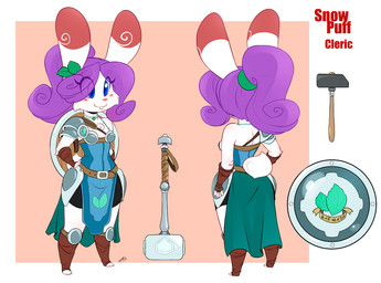 anthro armor bathing big_breasts blue_eyes blush breasts clothed clothing dress female fur hair melee_weapon purple_hair shield shortstack shortstack_female smile solo weapon white_body white_fur chalo las_lindas snow_puff_(chalo) lagomorph leporid mammal rabbit hi_res