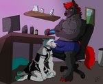 abs anthro blush bodily_fluids bulge clothed clothing crotch_sniffing duo fisk_(fiskthefox) fur gaming gaming_chair genital_fluids grey_body grey_fur hair maid_uniform male male/male muscular pecs precum smile sniffing sniffing_clothes sniffing_crotch tail under_table uniform fyekoz fury_(furythewolf) canid canine canis fox mammal wolf digital_media_(artwork)