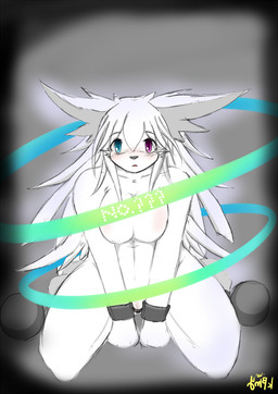 2000s_theme anthro female fur genitals hair heterochromia kemono looking_at_viewer nude open_mouth solo text vulva white_body white_fur white_hair ymbk fakemon nintendo pokemon eevee eeveelution fakeveelution generation_1_pokemon pokemon_(species) japanese_description translation_request