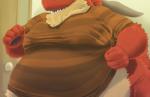 anthro big_ears bottomless chest_tuft clothed clothing fist fur male obese obese_anthro obese_male overweight overweight_anthro overweight_male red_body red_fur simple_background smile solo sweater teeth topwear tuft nixx mythology dragon furred_dragon furred_scalie mythological_creature mythological_scalie scalie