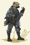 anthro assault_rifle boots clothing footwear gun male ots-14_groza ranged_weapon rifle shoes simple_background solo standing topwear vest weapon mawkvlt mawkvlt_yeen hyena mammal 2:3 hi_res