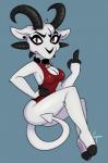 2018 anthro blue_background bovid breasts caprine caprine_demon cleavage cleavage_cutout clothed clothing collar cutout demon female gesture goat goat_demon hand_gesture hi_res hooves horn kittentoots looking_at_viewer lucy_(hladilnik) mammal medium_breasts middle_finger navel occult_symbol one-piece_swimsuit pentacle pentagram pinup pose red_eyes simple_background solo spade_tail swimwear symbol tail toony