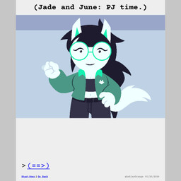 belt black_hair bottomwear bra bra_strap buckteeth bulge clothed clothing comic_panel crop_top denim denim_bottomwear denim_clothing eyewear flashing_light glasses gynomorph hair intersex jacket jeans lipstick long_hair makeup panties pants ponytail shirt snap snapping_fingers solo sweater tail teeth teleport teleportation topwear underwear white_body ashleyorange epilepsy_warning homestuck ms_paint_adventures jade_harley canid canine humanoid hybrid mammal 1:1 animated animated_comic comic hi_res