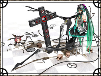3_fingers accessory arm_tattoo black_border black_bottomwear black_clothing black_skirt bone bone_arm border bottomwear breasts checkered checkered_floor clothed clothing cosplay cross cybernetic_eye cybernetics duo electronics female fingers gear gesture grey_clothing grey_shirt grey_topwear hair hair_size_difference headphones human_skull larger_female larger_humanoid long_arms long_hair looking_at_another looking_at_viewer machine mechanical_arm mechanical_leg medium_breasts necktie no_bra not_furry open_clothing open_shirt open_topwear pleated_skirt red_eyes red_hair shirt size_difference skirt skull smaller_female smaller_humanoid tattoo teal_eyes teal_hair teal_necktie topwear twintails_(hairstyle) waving waving_at_viewer wire deino_(artist) vocaloid yamaha_corporation calne_ca hatsune_miku rubidium_(deino) ambient_arthropod ambient_butterfly ambient_insect humanoid robot robot_humanoid 2009 3d_(artwork) 4:3 autodesk_3ds_max_(artwork) digital_media_(artwork) full-length_portrait portrait