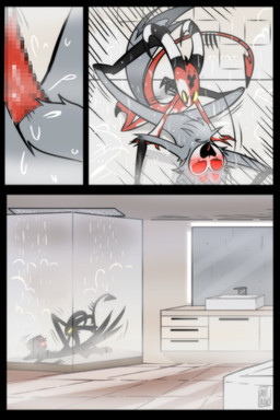 4_eyes ahegao animal_genitalia cloaca cloacal cloacal_penetration duo erection feathers genitals larger_male looking_pleasured male male/male male_penetrated male_penetrating male_penetrating_male multi_eye null penetration penis red_body red_eyes red_skin sex shower size_difference smaller_male spade_tail tail tail_feathers tuft white_body white_skin yellow_sclera danidrawsandstuff hellaverse helluva_boss blitzo_(helluva_boss) stolas_(helluva_boss) avian bird demon imp owl owl_demon 2021 2:3 absurd_res censored comic hi_res mosaic_censorship multiple_scenes