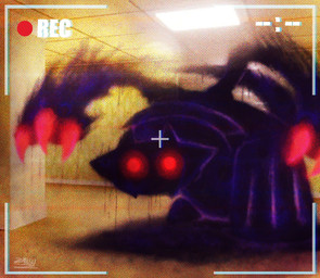 ambiguous_feral ambiguous_gender black_body camera_view claws crosshair darkness dripping feral gaze goo_drip horror_(theme) hunched_over light looking_at_viewer pillar pose quadruped recording red_claws red_dot red_eyes shadow solo text zailsu nintendo pokemon the_backrooms generation_4_pokemon giratina legendary_pokemon pokemon_(species) shadow_creature 2026 artist_name colored english_text hi_res shaded signature