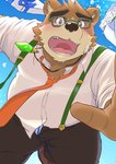 anthro belly blush bottomwear brown_body brown_fur clothing eyewear fur glasses kemono male overweight overweight_male pants shirt solo suspenders topwear nazebesu_hobby lifewonders tokyo_afterschool_summoners volos_(tas) bear mammal 2024 absurd_res hi_res