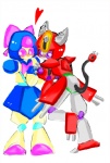 blue_body cord duo feline_ears female heart_symbol machine pink_eyes purple_eyes red_body romantic romantic_couple simple_background tail white_background unknown_artist medabots brass_(medabots) humanoid peppercat robot robot_humanoid