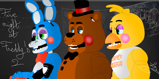 anthro beak bib black_nose blue_body blue_eyes blue_fur bow_(feature) bow_tie brown_body brown_fur buckteeth clothed clothing electric_guitar exclamation_point eyebrows eyelashes eyeshadow female freckles fur green_eyes group guitar hair head_tuft machine makeup male multicolored_body multicolored_fur musical_instrument plucked_string_instrument simple_background string_instrument teeth tuft two_tone_body two_tone_fur yellow_body yellow_fur dashiathebunny five_nights_at_freddy's five_nights_at_freddy's_2 scottgames toy_bonnie_(fnaf) toy_chica_(fnaf) toy_freddy_(fnaf) animatronic avian bear bird chicken galliform lagomorph leporid mammal phasianid rabbit robot 2016 hi_res signature