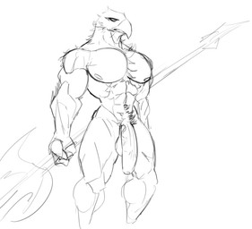 balls big_balls big_penis flaccid fluffy fluffy_chest foreskin genitals huge_penis humanoid_genitalia humanoid_penis male muscular muscular_male nipples nude penis solo weapon loyals2 elden_ring elden_ring_nightreign fromsoftware guardian_(nightreign) accipitrid accipitriform avian bird eagle humanoid hi_res monochrome