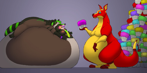 3_toes 4_fingers anthro belly big_belly black_claws black_nose blonde_eyebrows blue_eyes brown_body brown_fur claws cupcake duo eyebrows feet fingers food fur gloves_(marking) green_claws green_eyes green_hair green_inner_ear_fluff hair huge_belly hyper hyper_belly immobile inner_ear_fluff lying male markings messy moobs morbidly_obese morbidly_obese_anthro morbidly_obese_male multicolored_body multicolored_fur obese obese_anthro obese_male on_front open_mouth overweight overweight_anthro overweight_male red_body red_fur red_nose sharp_teeth standing tail teeth toes tuft realdealmeal kangaroo macropod mammal marsupial procyonid raccoon absurd_res hi_res shaded