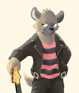 anthro bass_guitar black_nose blush clothed clothed_anthro clothed_male clothing guitar hand_in_pocket jacket leather leather_clothing leather_jacket leather_topwear male musical_instrument pattern_clothing pattern_shirt pattern_topwear plucked_string_instrument pockets shirt simple_background solo standing string_instrument striped_clothing striped_shirt striped_topwear stripes topwear underbite white_background moonlycan aggretsuko sanrio haida_(aggretsuko) hyena mammal spotted_hyena absurd_res hi_res