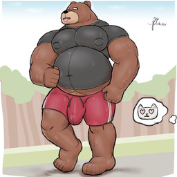 anthro barazoku belly bodily_fluids brown_body brown_fur bulge clothing detailed_bulge exercise fur genital_outline male musclegut muscular muscular_anthro muscular_male penis_outline solo sweat alanottaviano bear brown_bear grizzly_bear mammal ursine 1:1 hi_res