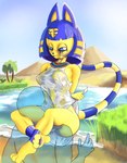 anthro blue_eyes blue_hair bracelet breasts clothed clothing clothing_pull crossed_legs curvy_figure day detailed_background duo egyptian face_in_belly faceless_character faceless_male facing_each_other female gold_(metal) gold_jewelry hair hands_behind_back hourglass_figure hug jewelry legs_together looking_at_another makeup male male/female medium_breasts navel necklace outside palm_tree pawpads plant pressed_against pyramid raised_tail river romantic romantic_couple sitting_on_shoulders tail tail_motion tailwag translucent translucent_body translucent_clothing tree wet wet_clothing yellow_body noconcession animal_crossing nintendo ankha_(animal_crossing) domestic_cat felid feline felis human mammal absurd_res hi_res