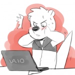 anthro blush bodily_fluids clothed clothing computer electronics hoodie inside laptop male partially_clothed raised_tail shocked simple_background solo sweat tail topwear vest genchi mammal mustelid otter 1:1 low_res reaction_image