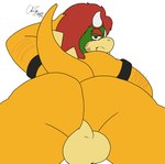 anthro balls big_butt butt genitals hair horn jewelry looking_at_viewer looking_back male presenting presenting_hindquarters simple_background smile solo thick_thighs cake_top bowser_day mario_bros nintendo bowser koopa mammal scalie hi_res