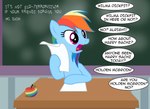 apple chalkboard desk dialogue female food fruit furniture hair humor multicolored_hair paper plant prank pun purple_hair rainbow_hair solo table text zap_apple badumsquish friendship_is_magic hasbro my_little_pony rainbow_dash_(mlp) equid equine horse mammal pony english_text hi_res