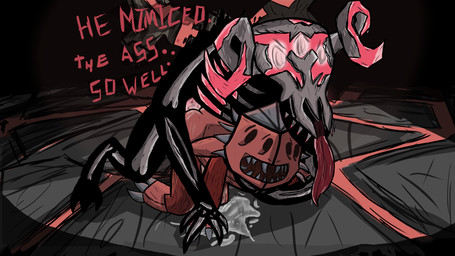 anal anal_penetration anthro anthro_on_anthro bareback bodily_fluids bone cum cum_while_penetrated dialogue dominant duo genital_fluids genitals male male/male neck_grab open_mouth penetration penis size_difference skeleton submissive tongue tongue_out cannacoq don't_starve klei_entertainment ancient_fuelweaver_(don't_starve) wathom animated_skeleton monster shadow_creature undead 16:9 hi_res widescreen