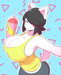 anthro beverage big_breasts black_hair blue_eyes blush bottomwear breasts bulging_breasts cleavage cleavage_overflow clothed clothing container cup drinking_straw ear_piercing female hair hair_over_eye holding_object huge_breasts one_eye_obstructed pants piercing shirt short_hair side_boob slurpee smile solo tank_top tight_clothing topwear undersized_clothing theycallhimcake maggie_applebee canid canine canis domestic_dog mammal hi_res