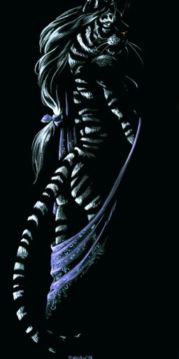 anthro black_background dark female hair long_hair nude scarf simple_background solo stripes tail heather_bruton felid mammal pantherine tiger 2008