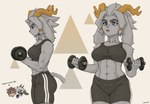 2_horns abs abstract_background accessory anthro antlers arm_tuft athletic_wear bicep_curl biceps blue_eyes bodily_fluids bottomwear bra breasts butt clothed clothed_anthro clothed_female clothing collarbone dialogue dumbbell exercise eyebrows female female_anthro female_focus floppy_ears front_view fur grey_body grey_fur grey_hair group gym_bottomwear gym_shorts hair hair_accessory hair_ring horn lop_ears midriff monotone_body monotone_fur muscular muscular_anthro muscular_female muscular_thighs navel shorts shoulder_tuft side_view solo_focus sports_bra sweat tail thick_eyebrows triceps trio tuft underwear weightlifting weights workout yellow_antlers foxero pseudoregalia sybil_(pseudoregalia) bovid caprine goat hybrid jackalope lagomorph leporid mammal rabbit 2024 colored portrait shaded three-quarter_portrait