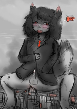aircraft anal anal_penetration anthro balls blush bodily_fluids bottomless building building_insertion business_suit businesswear city clothed clothing cum digitigrade genital_fluids genitals hair helicopter macro male penetration penis red_eyes solo suit tail vehicle teruni-inamor thonza_chepikestursavapokeh canid mammal viyuto monochrome partially_colored sketch