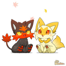 ambiguous_gender autumn_leaves black_body black_fur duo feral fur markings pawpads pink_pawpads quadruped red_eyes red_markings red_pawpads simple_background sitting tail tail_motion text white_background yellow_body yellow_fur yellow_sclera tontaro nintendo pokemon generation_7_pokemon generation_9_pokemon litten pokemon_(species) sprigatito 1:1 animated animated_gif artist_name digital_media_(artwork) english_text short_playtime