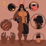 abs anthro arm_markings back_muscles balls big_balls big_penis black_claws black_hair black_pawpads black_sclera brown_balls brown_body brown_fur brown_penis claws crown darkened_balls darkened_genitalia darkened_penis finger_claws fur fur_markings genitals hair hand_on_hip headgear huge_balls huge_penis logo long_hair looking_at_viewer male markings muscular muscular_male nude nude_male orange_eyes pawpads pecs penis ring sharp_teeth solo standing stripes teeth toe_claws zeromccall duncan_(zeromccall) lagomorph leporid mammal rabbit 1:1 colored hi_res model_sheet