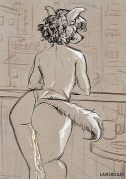 anthro balcony big_butt bodily_fluids building butt city clothed clothed_anthro clothed_female clothing container cup curly_hair ear_piercing female female_anthro female_peeing fur furniture genital_fluids hair leaning leaning_forward mug peeing piercing short_hair skyscraper snout solo table tail text thong thong_only topless topless_anthro topless_female underwear underwear_only urine urine_on_leg watersports wetting lameboast strife_(lameboast) canid canine canis domestic_dog mammal 2026 artist_name english_text greyscale hi_res monochrome sketch spot_color