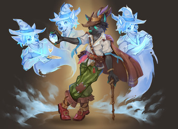 accessory anthro belt beverage black_body black_fur blue_ears blue_eyes blue_nails blue_scarf boots bottomwear brown_clothing brown_jacket brown_topwear cane clothing colored_nails container cup feathers footwear fur glass glass_container glass_cup green_bottomwear green_clothing green_pants group hat headgear headwear ice illusion jacket male nails pants red_boots red_clothing red_footwear scarf shirt shoes smile smoke stage_lights topwear white_clothing white_shirt white_topwear khornex ronin_viltarre_(nanaki_azakee) canid canine canis hybrid mammal wolf absurd_res hi_res