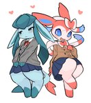 ambiguous_gender anthro blue_body blue_fur bottomwear clothed clothing co_asomasom duo eeveelution fur generation_4_pokemon generation_6_pokemon glaceon heart_symbol hi_res male_(lore) nintendo pink_body pink_fur pokemon pokemon_(species) simple_background skirt sylveon thick_thighs white_background