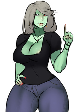 breasts cleavage clothed clothing female green_body green_skin jewelry lips mature_female necklace not_furry red_eyes solo thick_thighs tusks wide_hips scas humanoid orc