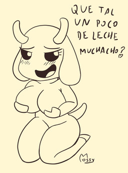 anthro big_breasts blush breasts crouching female holding_breast horn nude nude_female sitting smile solo tail taunting text mossycl charlotte_(bm) bovid bovine caprine goat mammal absurd_res hi_res sketch spanish_text