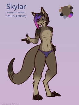 anthro black_hair brown_body brown_fur clothed clothing digitigrade fur gesture grey_eyes hair hand_gesture hand_on_hip humanoid_hands looking_at_viewer male mastectomy_scar navel nipples panties pantsless_anthro pantsless_male pointing purple_hair_tips scar solo standing text topless topless_anthro topless_male underwear dansharkman skylar_(dansharkman) kangaroo macropod mammal marsupial 2026 3:4 digital_drawing_(artwork) digital_media_(artwork) english_description english_text hi_res model_sheet trans_(lore) trans_man_(lore)