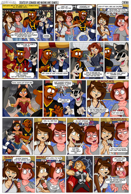 accessory anthro armor aroused black_hair blonde_hair blue_eyes bottomwear breast_grab breast_play breast_suck breasts brown_body brown_fur brown_hair clothing dialogue double_date dry_humping electricity eyewear facial_hair female food fur glasses goatee green_eyes grey_body grey_fur group gun hair hammer hand_on_breast headband hockey_mask humor hypocrisy jersey jewelry jock jumpsuit lightning machine male mask movie_poster nerd orange_body popcorn power_armor purse ranged_weapon shirt skirt sports_mask sportswear standee sucking sunglasses superhero tan_body tan_fur text theater tools topwear weapon wearing_glasses xamoel beast_house marvel black_widow_(marvel) bosch_(xamoel) duke_(xamoel) iron_man jammy_(xamoel) megan_(xamoel) thor_(marvel) wonder_woman canid canine canis collie domestic_cat domestic_dog domestic_pig felid feline felis herding_dog mammal pantherine pastoral_dog sheepdog suid suine sus_(pig) wolf 2016 comic english_text hi_res