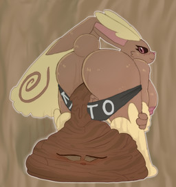 anthro big_breasts big_butt blush blush_lines breasts brown_background brown_body brown_fur butt clothed clothing clothing_down duo eyelashes feces feces_transformation female fur genitals long_ears looking_at_viewer looking_back mostly_nude nipples panties panties_down partially_clothed pink_eyes pink_nose pooping scatplay simple_background smelly smile solo_focus stink_fumes stink_lines tail text text_on_clothing transformation underwear underwear_down vulva inabunstar nintendo pokemon tulip_(kitokito) feces_creature generation_4_pokemon lagomorph lopunny mammal pokemon_(species) english_description hi_res story story_at_source story_in_description