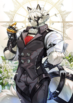 anthro belt black_highlights butler clock clothing eye_patch eyewear fingerless_gloves flower fluffy fluffy_tail fur gloves hair hand_behind_back handwear highlights_(coloring) looking_at_viewer male muscular muscular_anthro muscular_male petals plant pocketwatch red_eyes ring ring_(jewelry) shirt solo straps tail topwear tuft vest watch white_body white_fur white_hair yukihoshiak mihoyo zenless_zone_zero von_lycaon canid canine canis mammal wolf 2025 absurd_res digital_media_(artwork) hi_res
