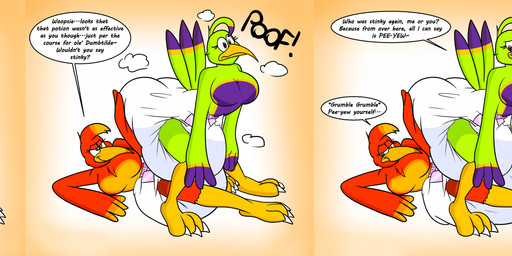 alternate_species annoyed anthro big_breasts big_diaper breasts clean_diaper clothing diaper dress duo featureless_breasts feces female female/female footwear furrification high_heels human_to_anthro onomatopoeia progression shoes sitting_on_another soiled_diaper soiling sound_effects species_transformation text transformation unclean_diaper used_diaper liljdude third-party_edit banjo-kazooie rareware gruntilda_winkybunion kazooie avian bird breegull human mammal absurd_res comic english_text hi_res