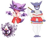 anthro armless asian_clothing blinking clothed clothing east_asian_clothing female gastly generation_1_pokemon gengar group haunter hi_res japanese_clothing legless legwear nintendo pokeball pokemon pokemon_(species) purple_body purple_eyes red_eyes shirt simple_background smile stockings tongue tongue_out topwear trio tunic urusee584 white_background