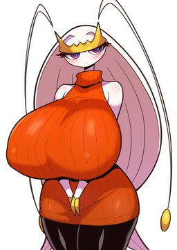 antennae_(anatomy) anthro big_breasts blush blush_lines bottomwear breasts claws clothing eyelashes female female_anthro glistening_shoulders gold_body hair huge_breasts long_hair looking_at_viewer multicolored_body nipple_outline pants pseudo_hair purple_eyes simple_background sleeveless_sweater solo sweater tight_bottomwear tight_clothing tight_pants topwear white_background white_body white_hair wide_hips yellow_body sigruku nintendo pokemon generation_7_pokemon pheromosa pokemon_(species) ultra_beast 2026 absurd_res digital_drawing_(artwork) digital_media_(artwork) hi_res