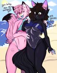 anthro beach beach_background breasts clothing duo female femboy male male/female one-piece_swimsuit sunny swimwear translucent translucent_clothing translucent_swimwear under_boob theshadowsshelf gris_swimsuit meme_clothing canid canine felid feline humanoid mammal hi_res meme