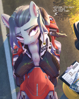 anthro clipboard clothed clothing dialogue eyebrows eyelashes female genitals hair motorcycle navel outside road solo text vehicle vulva conditional_dnp redvais friendship_is_magic hasbro my_little_pony marble_pie_(mlp) equid equine mammal 2026 4:5 absurd_res digital_media_(artwork) english_text hi_res
