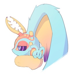 ambiguous_gender anthro antlers big_ears biped bipedal_feral black_sclera blue_eyes blush blush_stickers carrying_another chest_tuft duo feral fur head_wings hiding_in_fluff horn huge_wings mouthless multicolored_body multicolored_eyes multicolored_fur neck_tuft notched_ear on_shoulder orange_body orange_fur pink_eyes pupils semi-anthro side_view simple_background size_difference tan_body tan_fur teal_body teal_eyes teal_fur tuft unusual_wing_placement white_background wings amateru_kai kirby_(series) nintendo elfilin fecto_elfilis alien chinchilla chinchillid mammal rodent starling_(kirby) 1:1 2022 bust_portrait digital_drawing_(artwork) digital_media_(artwork) portrait male_(lore)