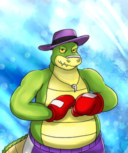 anthro biped blue_background bottomwear boxing_gloves boxing_shorts clothing green_body handwear hat headgear headwear male shorts simple_background slightly_chubby solo berryrpgmakerb brok_the_investigator cowcat_games brok_(brok_the_investigator) alligator alligatorid crocodilian reptile scalie 2026 hi_res