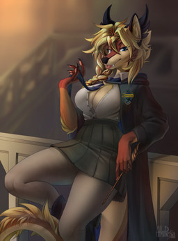 5_fingers accessory anthro bottomwear breasts clothing female fingers hogwarts hogwarts_uniform horn looking_at_viewer necktie ravenclaw school_uniform shirt skirt solo tail topwear uniform akipesa harry_potter_(series) canid canine canis mammal wolf hi_res